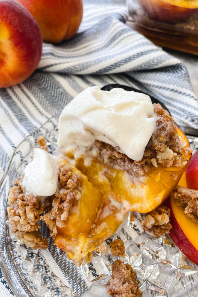 Baked Peaches with Oat Walnut Cinnamon Crumb