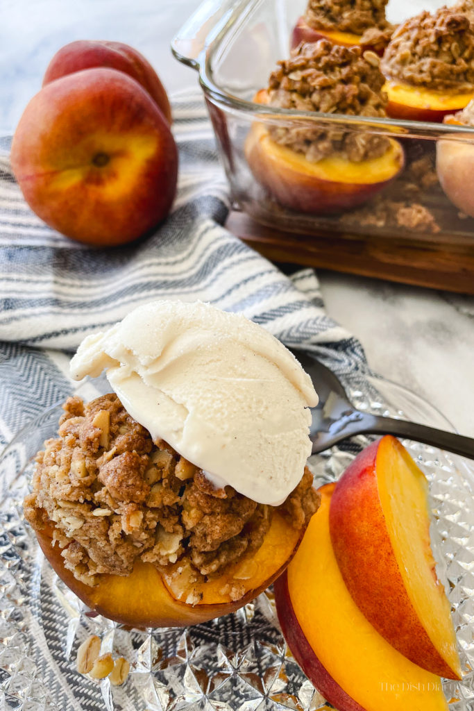 Baked Peaches with Oat Walnut Cinnamon Crumb