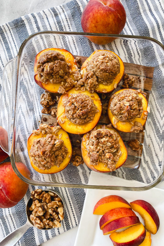 Baked Peaches with Oat Walnut Cinnamon Crumb