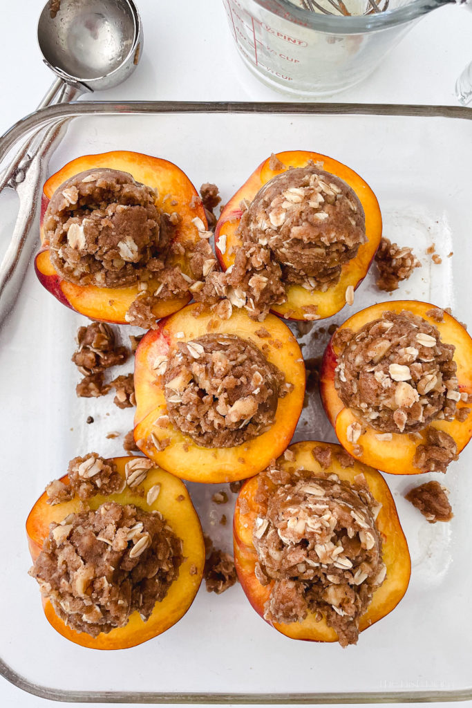 Baked Peaches with Oat Walnut Cinnamon Crumb