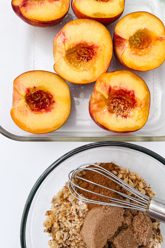 Baked Peaches with Oat Walnut Cinnamon Crumb